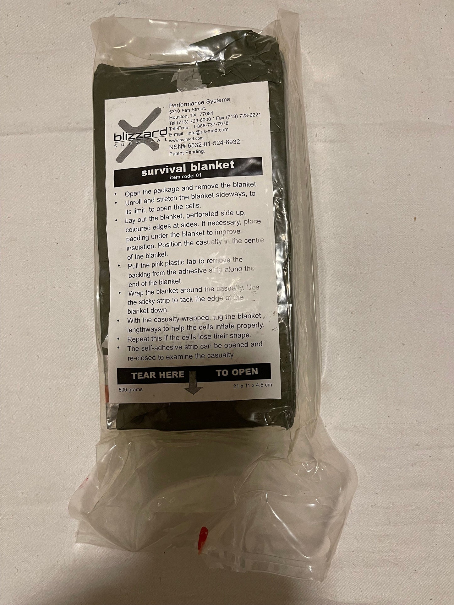 Genuine US military issue Blizzard Survival Blanket OD green, Sealed pack Large size Foul weather emergency.