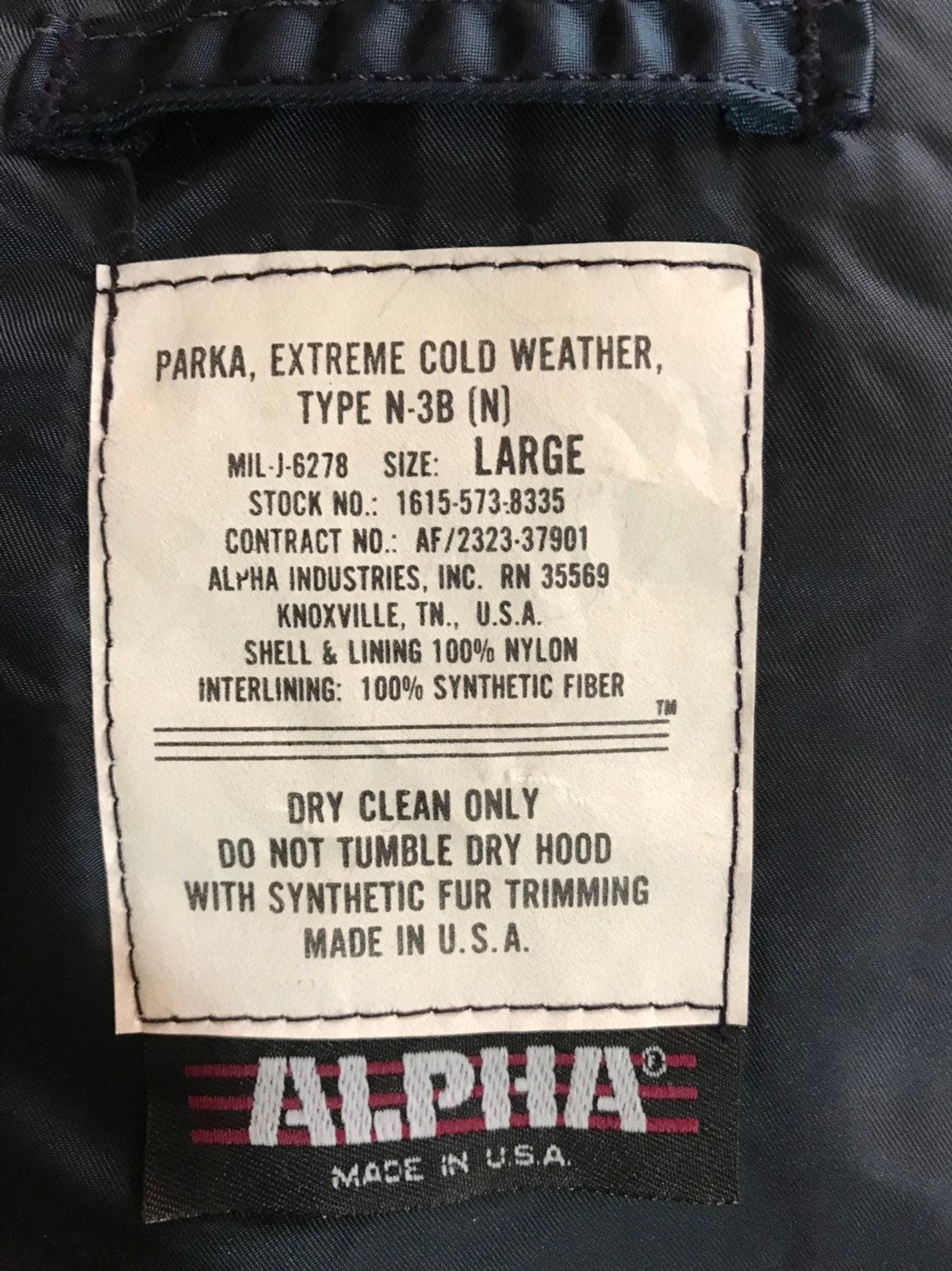 Genuine Alpha Made in USA, Vintage Collection N3B cold weather Parka Dark navy blue, New, size X Large and XXL.