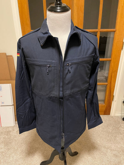 German Navy Deck Jacket Shirt blue zipper Front and pockets W/ German flags on shoulder New.