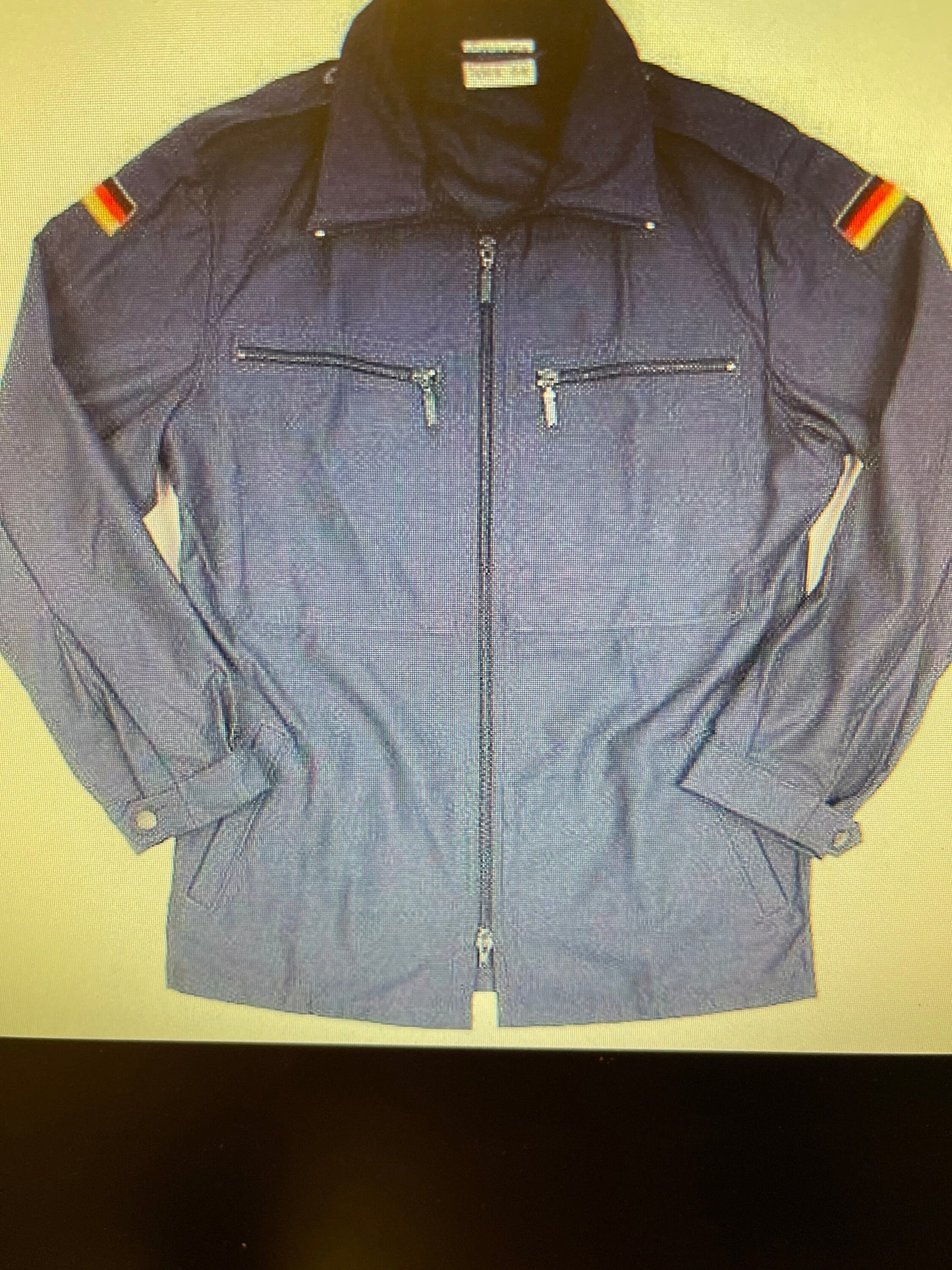 German Navy Deck Jacket Shirt blue zipper Front and pockets W/ German flags on shoulder New.