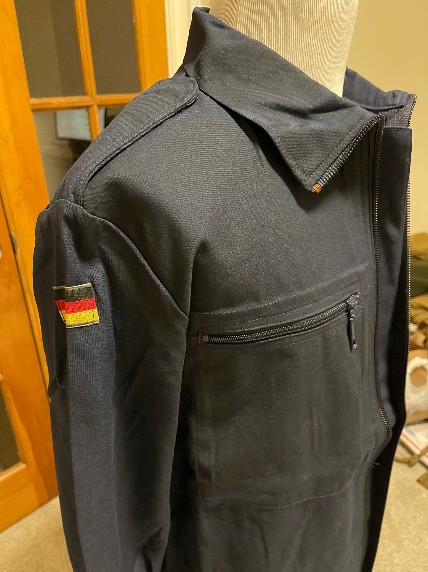 German Navy Deck Jacket Shirt blue zipper Front and pockets W/ German flags on shoulder New.