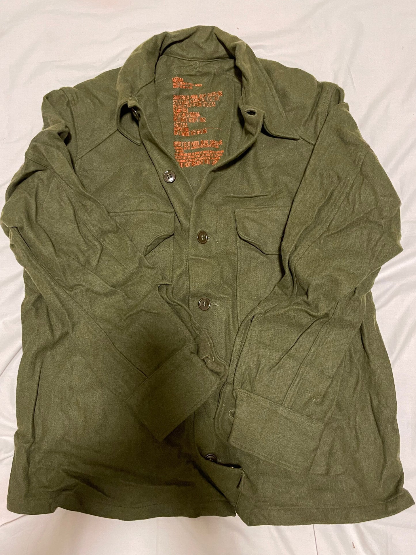 US Military Vintage Olive green 108 Wool Field Shirt M1952 NOS 1953 dated Medium New