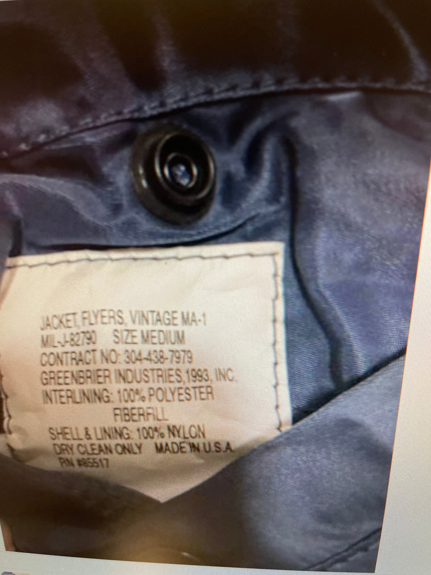 Genuine USAF Intermediate cold vintage MA1 by Greenbrier Ind. Blue Made in USA New.