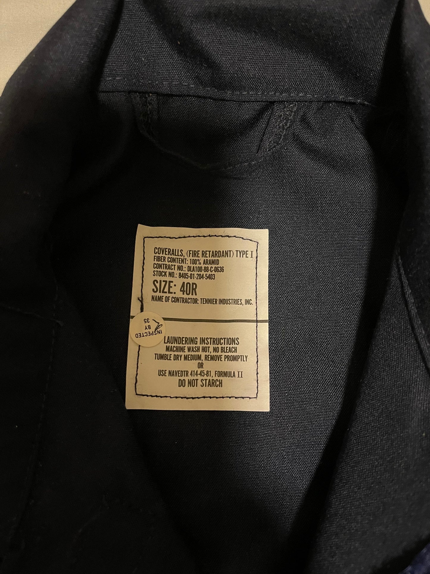 US military coveralls fire retardant type 1/ blue 100% Aramid 40 Reg New.
