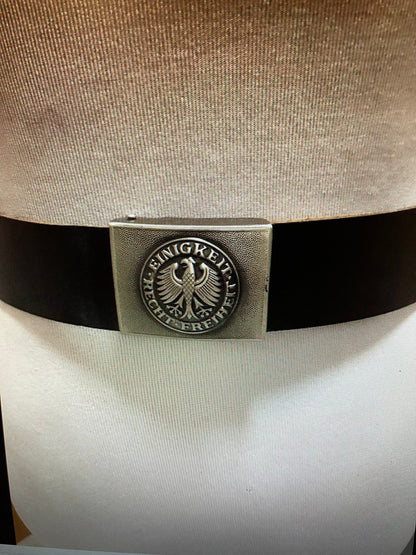 Genuine west German military Black 2” Wide Leather Belt w/Eagle Buckle Cold War era Warsaw. Sizes XS to XXXL.