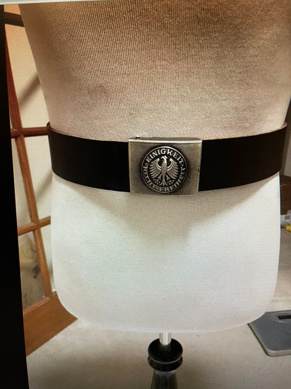 Genuine west German military Black 2” Wide Leather Belt w/Eagle Buckle Cold War era Warsaw. Sizes XS to XXXL.