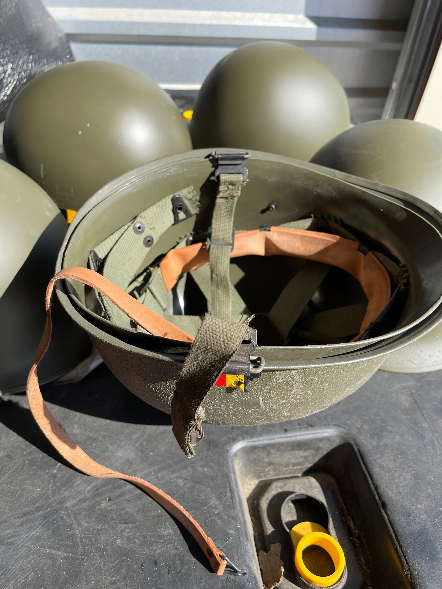 Genuine Vintage French M51 Steel Pot helmet w/ Belgian M51 Liner and Chin strap complete in Mint condition.