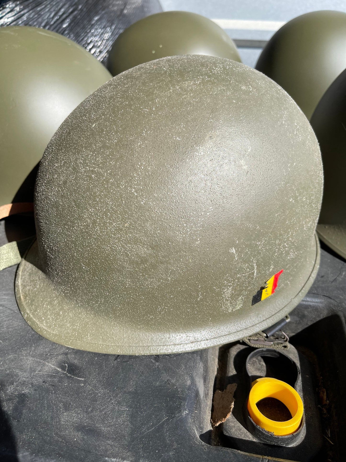 Genuine Vintage French M51 Steel Pot helmet w/ Belgian M51 Liner and Chin strap complete in Mint condition.