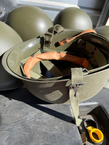 Genuine Vintage French M51 Steel Pot helmet w/ Belgian M51 Liner and Chin strap complete in Mint condition.