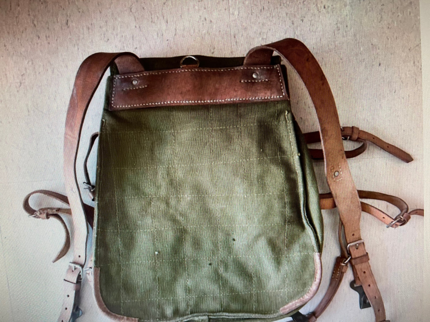 Genuine vintage Romanian Army rucksack backpack military surplus Leather/canvas bag.