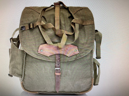 Genuine vintage Romanian Army rucksack backpack military surplus Leather/canvas bag.