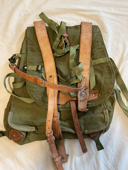 Genuine vintage Romanian Army rucksack backpack military surplus Leather/canvas bag.