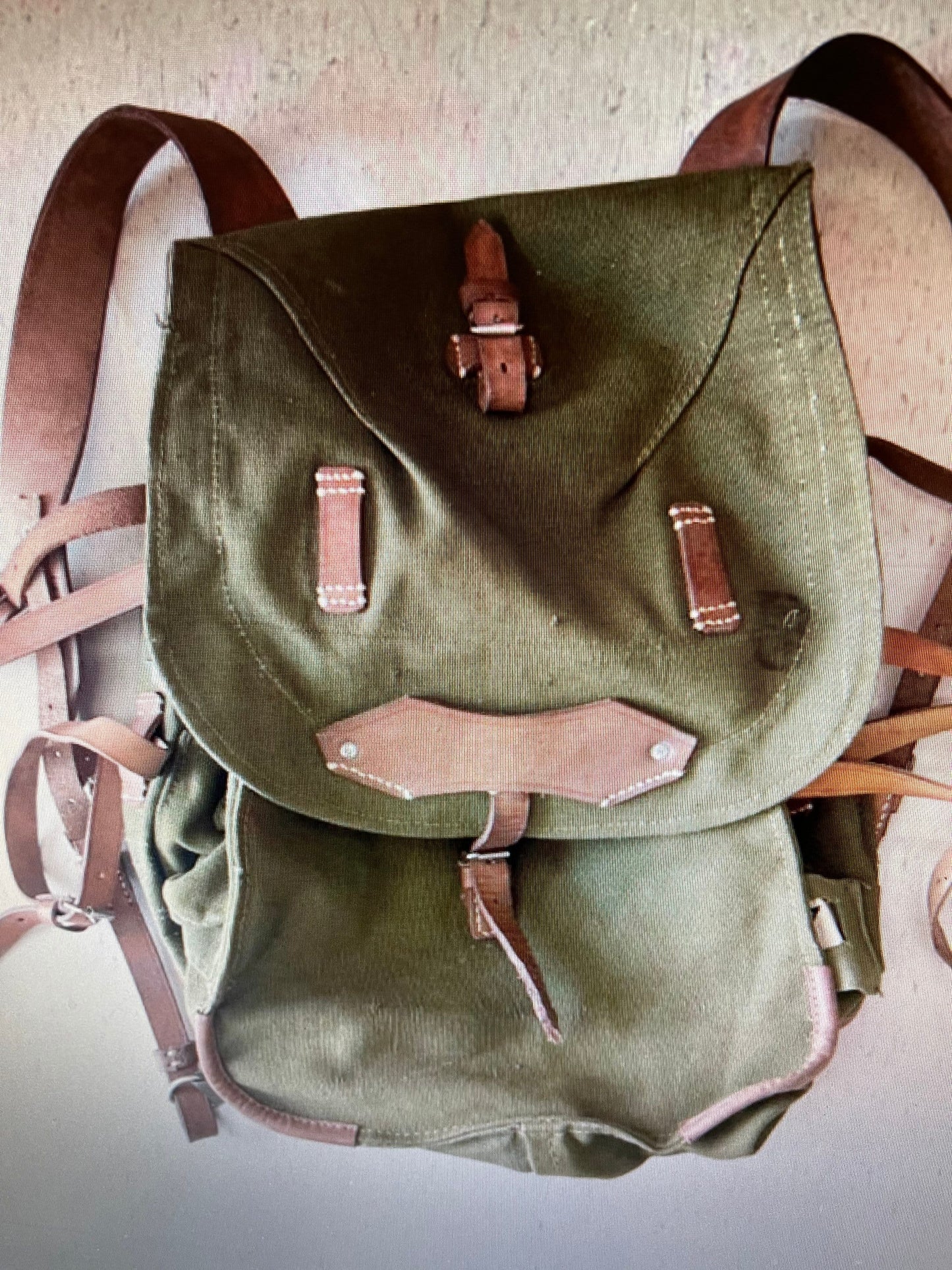 Genuine vintage Romanian Army rucksack backpack military surplus Leather/canvas bag.
