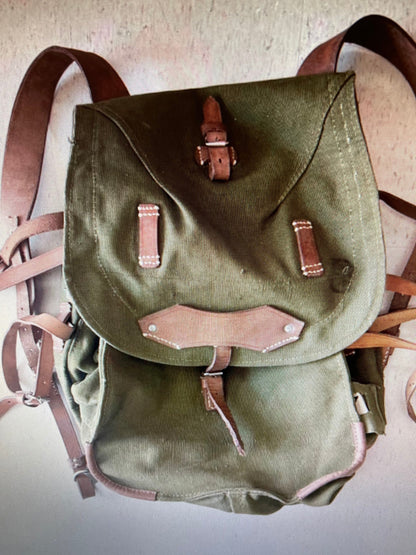 Genuine vintage Romanian Army rucksack backpack military surplus Leather/canvas bag.