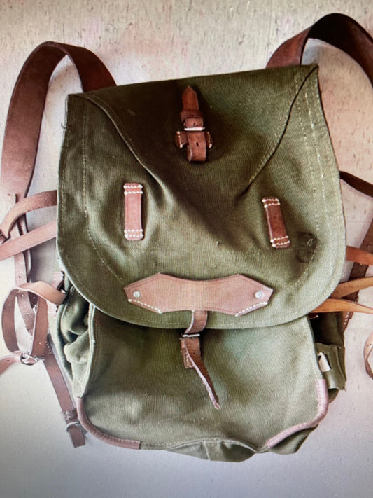 Genuine vintage Romanian Army rucksack backpack military surplus Leather/canvas bag.