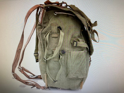 Genuine vintage Romanian Army rucksack backpack military surplus Leather/canvas bag.