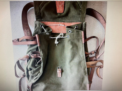 Genuine vintage Romanian Army rucksack backpack military surplus Leather/canvas bag.