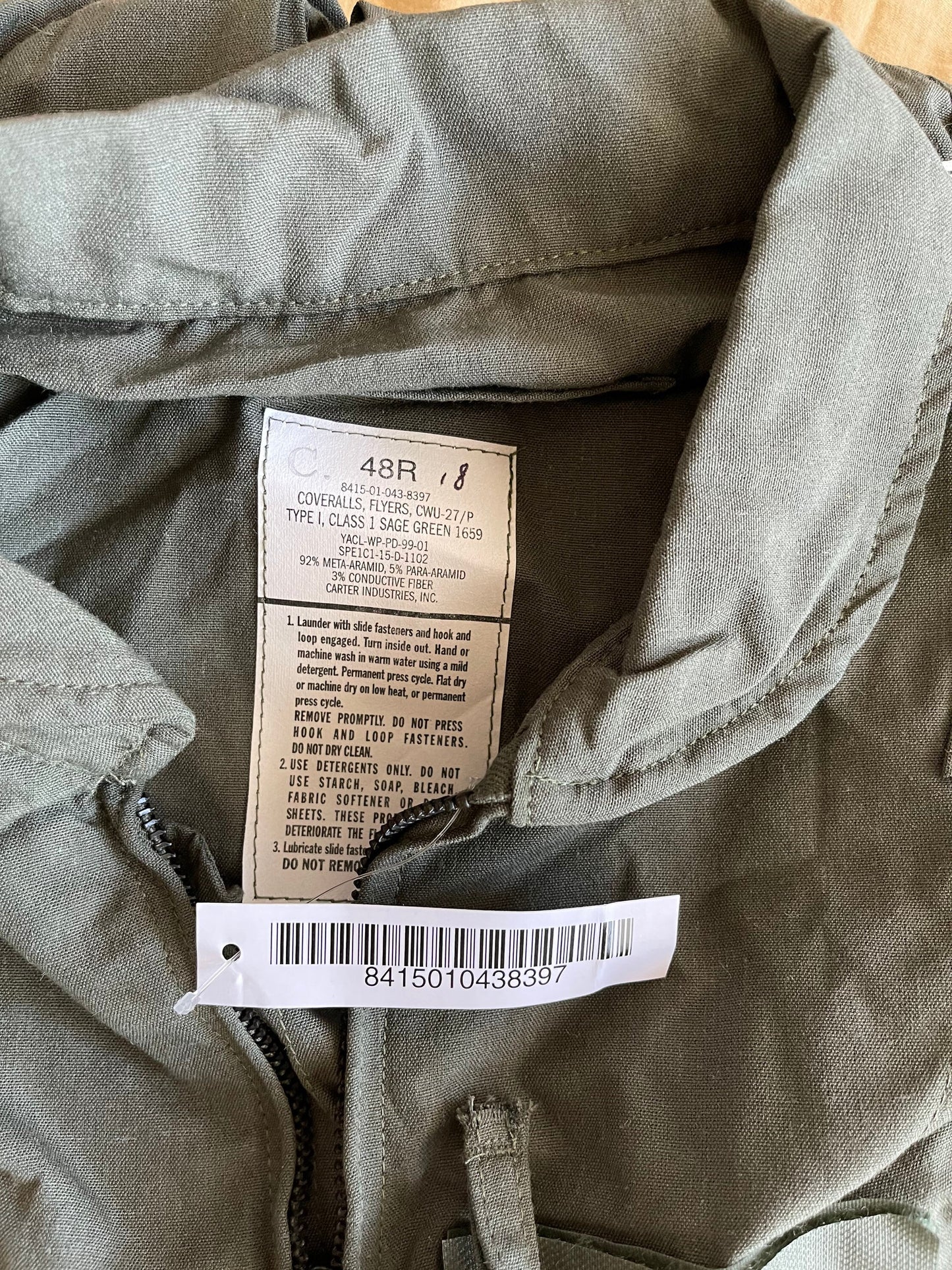 US military Flyers coveralls CWU 27P Nomex Fire Resistant sage green new w/ tag