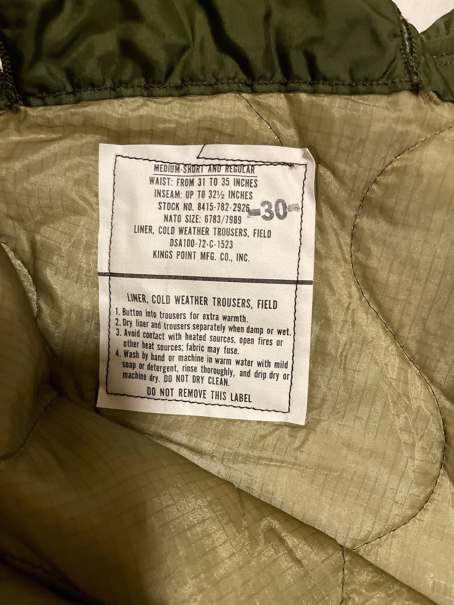 Genuine US Military OD green quilted Field Pants Liner Small, Med. and Large Short/Regular. New.