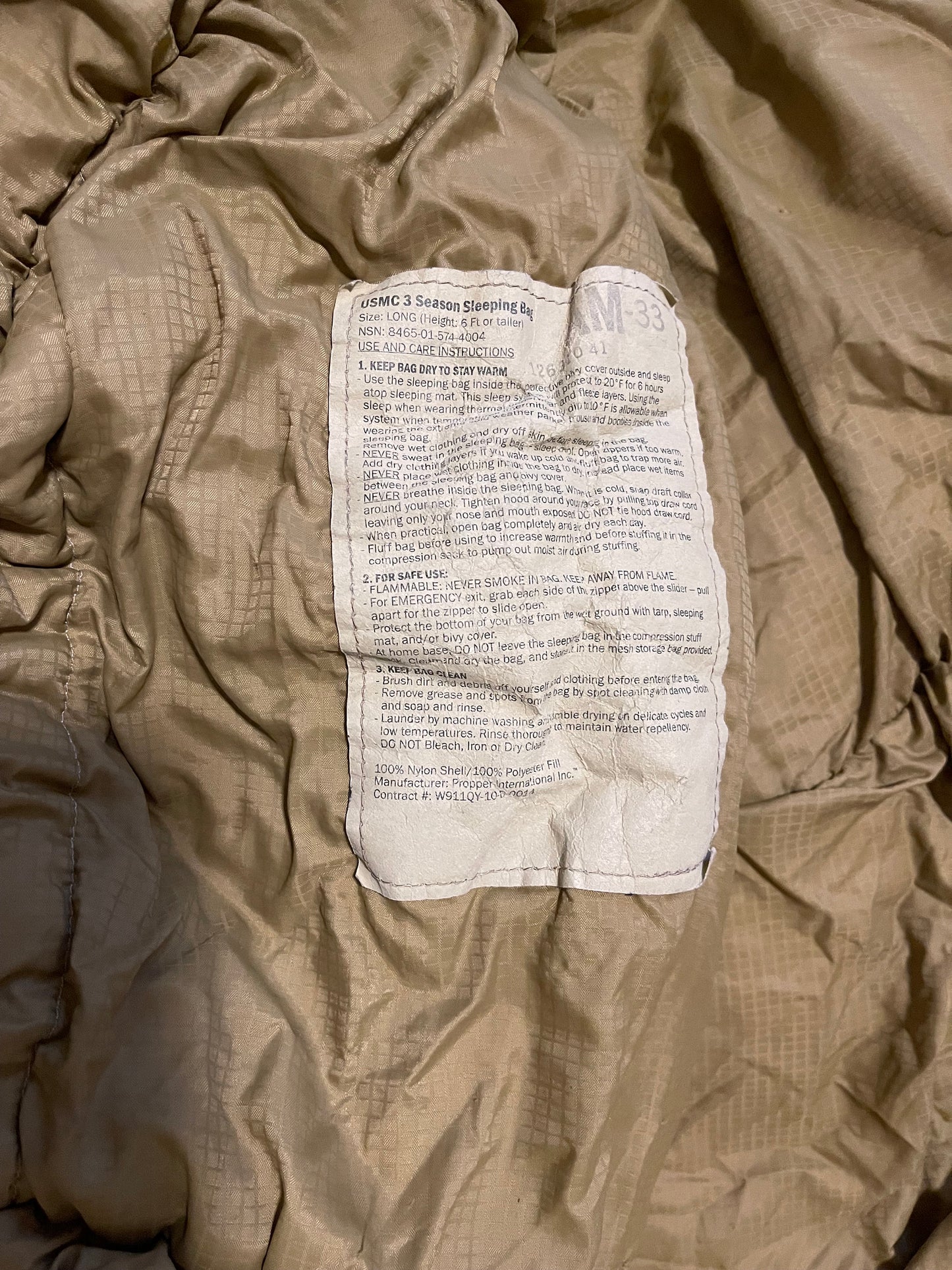 US Military USMC 3 Season Coyote Tan Sleeping bag part of the Gortex Sleep System.