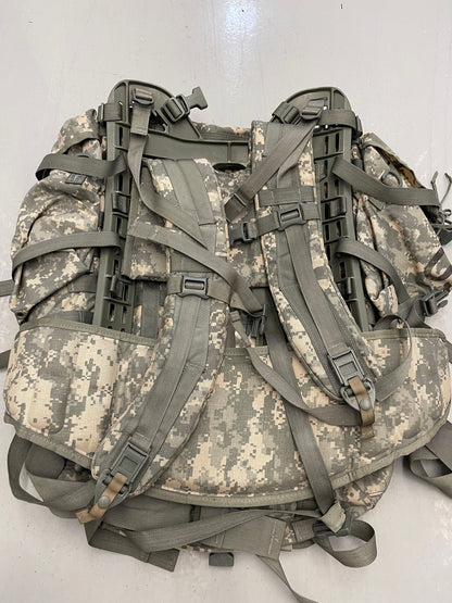 US Military Genuine Issue ACU digital Mollee  II Large Ruck Sack With Frame Complete with two Sustainment Pouches assembled, ready to go.