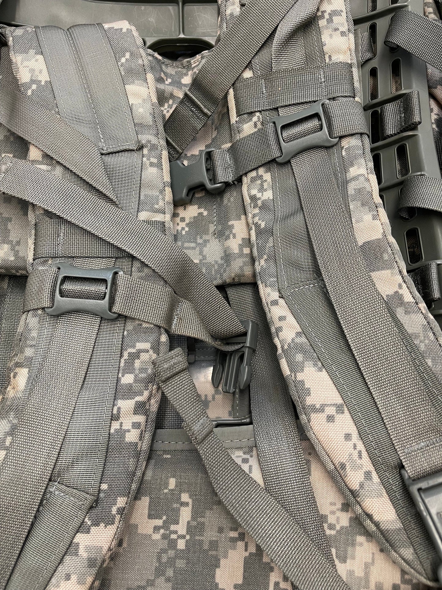 US Military Genuine Issue ACU digital Mollee  II Large Ruck Sack With Frame Complete with two Sustainment Pouches assembled, ready to go.