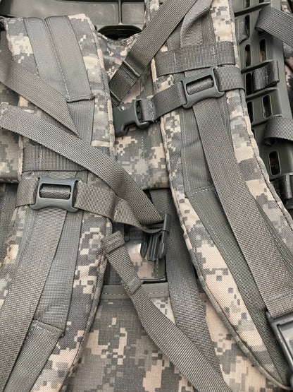 US Military Genuine Issue ACU digital Mollee  II Large Ruck Sack With Frame Complete with two Sustainment Pouches assembled, ready to go.