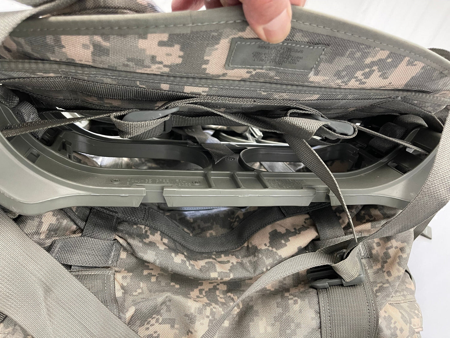 US Military Genuine Issue ACU digital Mollee  II Large Ruck Sack With Frame Complete with two Sustainment Pouches assembled, ready to go.