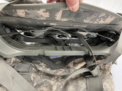 US Military Genuine Issue ACU digital Mollee  II Large Ruck Sack With Frame Complete with two Sustainment Pouches assembled, ready to go.