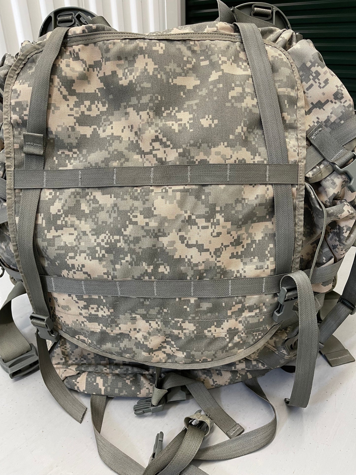 US Military Genuine Issue ACU digital Mollee  II Large Ruck Sack With Frame Complete with two Sustainment Pouches assembled, ready to go.