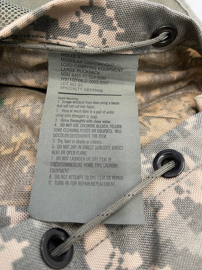 US Military Genuine Issue ACU digital Mollee  II Large Ruck Sack With Frame Complete with two Sustainment Pouches assembled, ready to go.