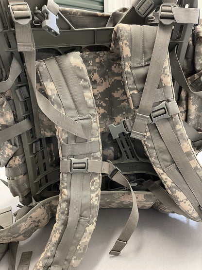 US Military Genuine Issue ACU digital Mollee  II Large Ruck Sack With Frame Complete with two Sustainment Pouches assembled, ready to go.