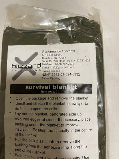 Genuine US military issue Blizzard Survival Blanket OD green, Sealed pack Large size Foul weather emergency.