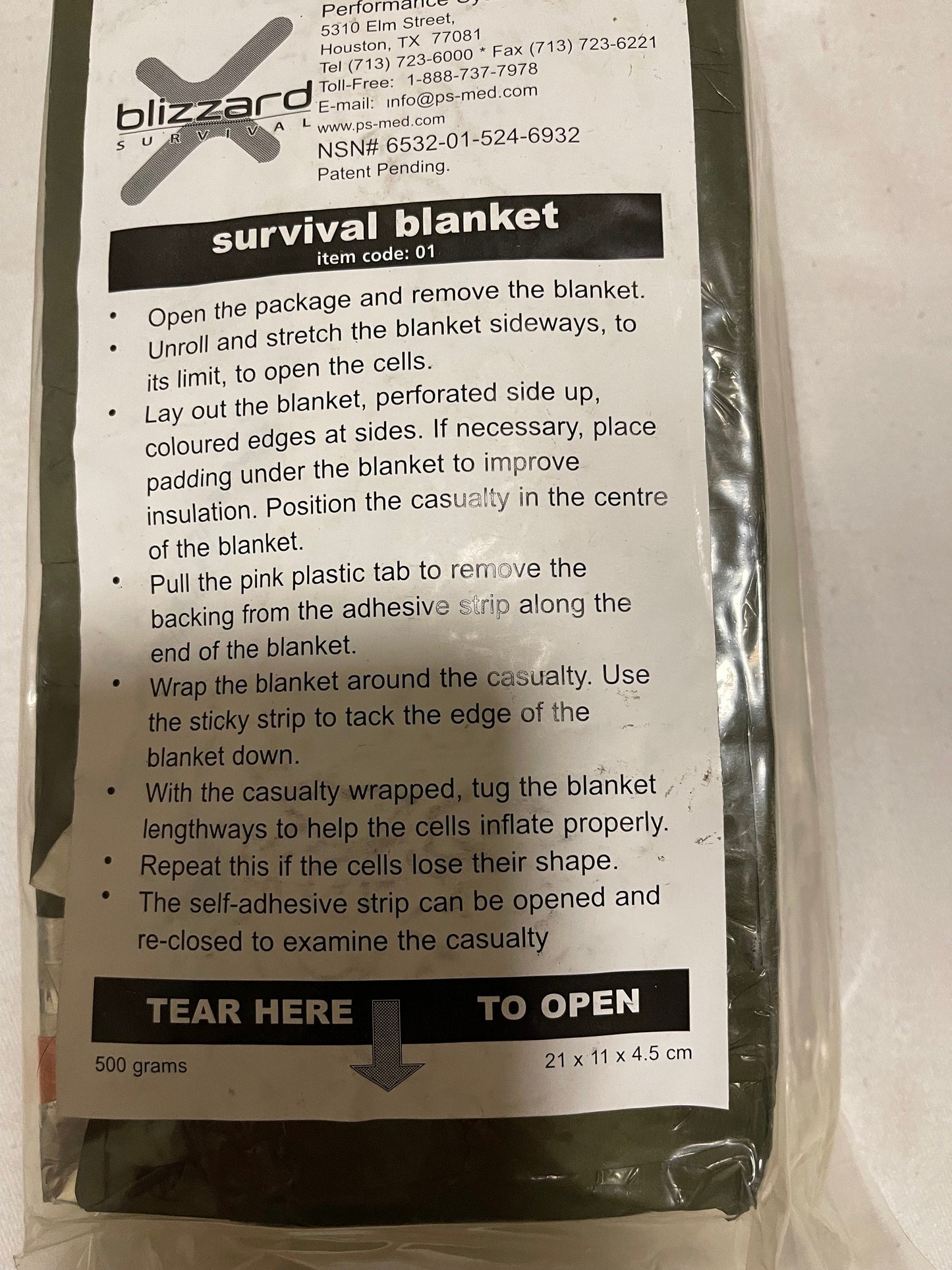 Genuine US military issue Blizzard Survival Blanket OD green, Sealed pack Large size Foul weather emergency.