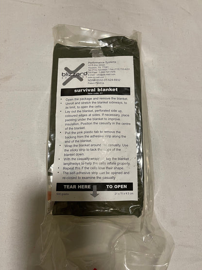 Genuine US military issue Blizzard Survival Blanket OD green, Sealed pack Large size Foul weather emergency.