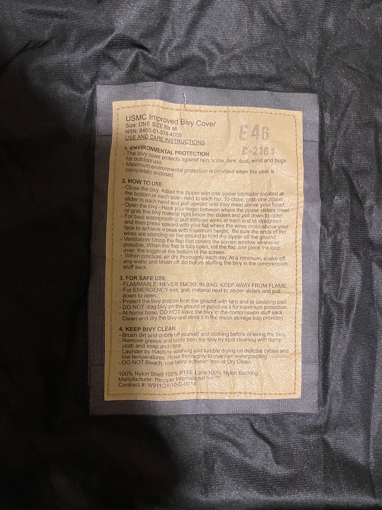 Marine Corps USMC Improved Bivy Coyote Brown/Tan Cover Waterproof Gortex Very Good.