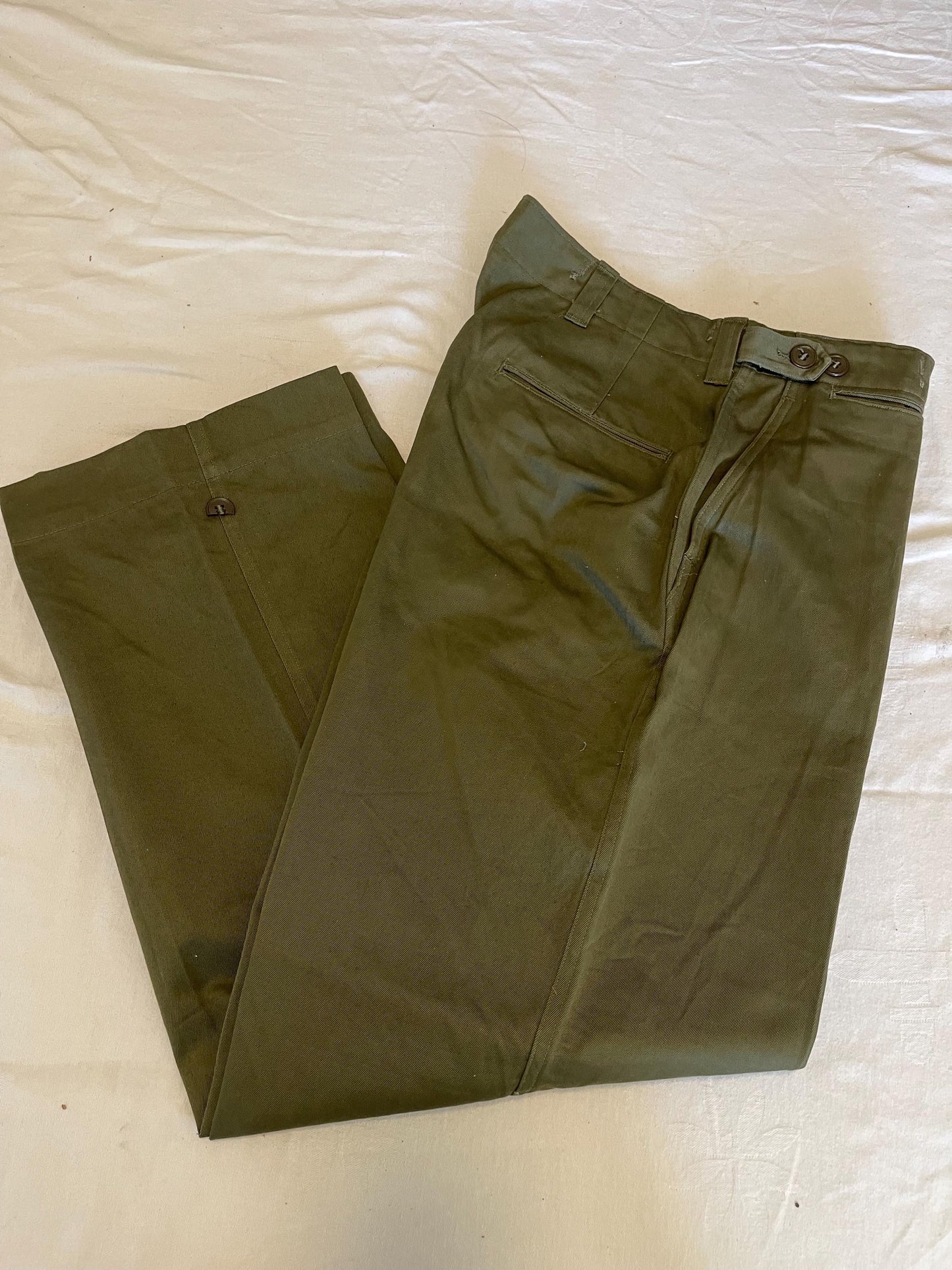 Genuine US Military Vintage M43 O.D. Green Field Cotton Trousers WWII Dtd Feb,29,1944 Unused Mint Condition, With Suspenders.