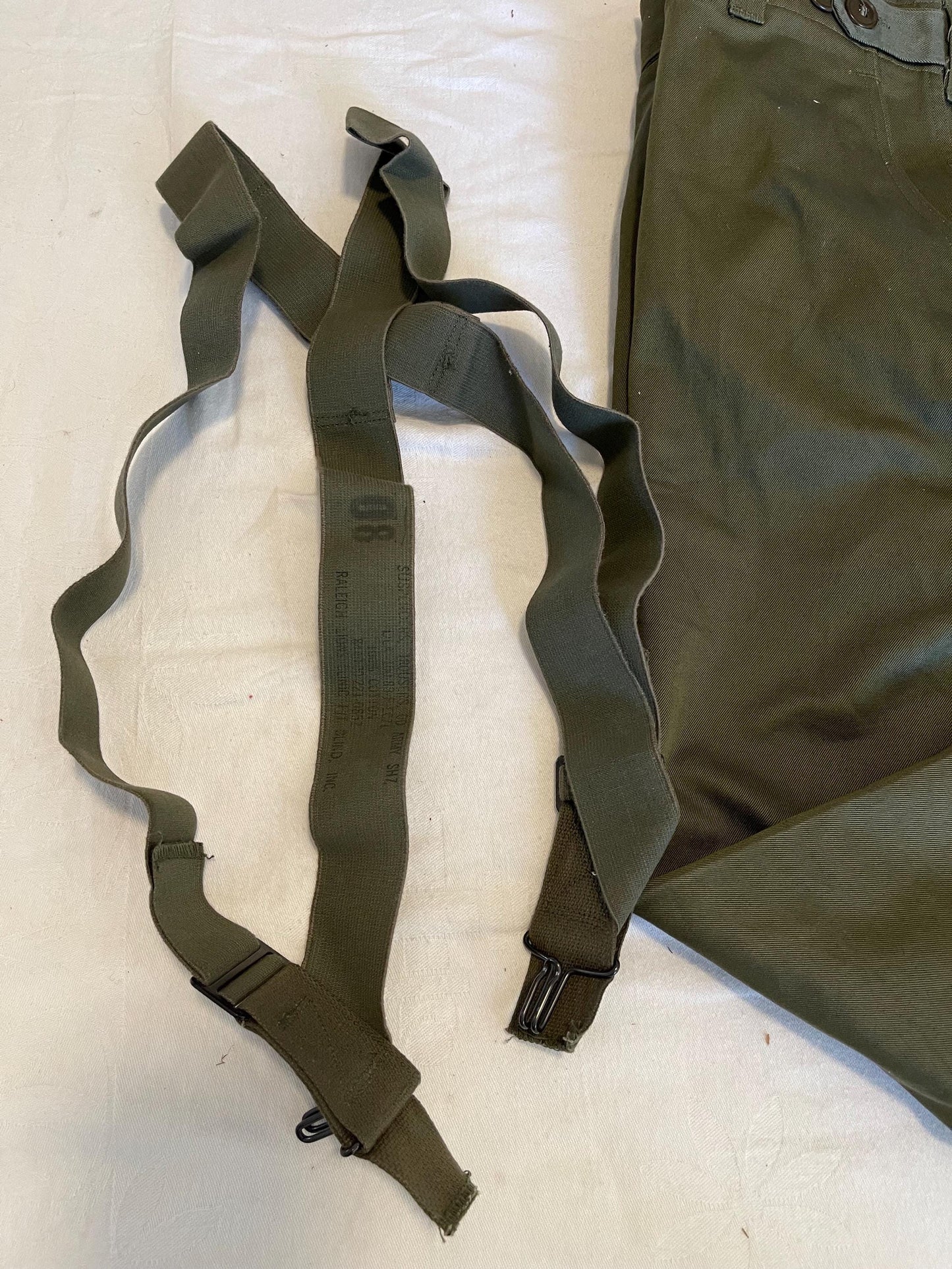 Genuine US Military Vintage M43 O.D. Green Field Cotton Trousers WWII Dtd Feb,29,1944 Unused Mint Condition, With Suspenders.