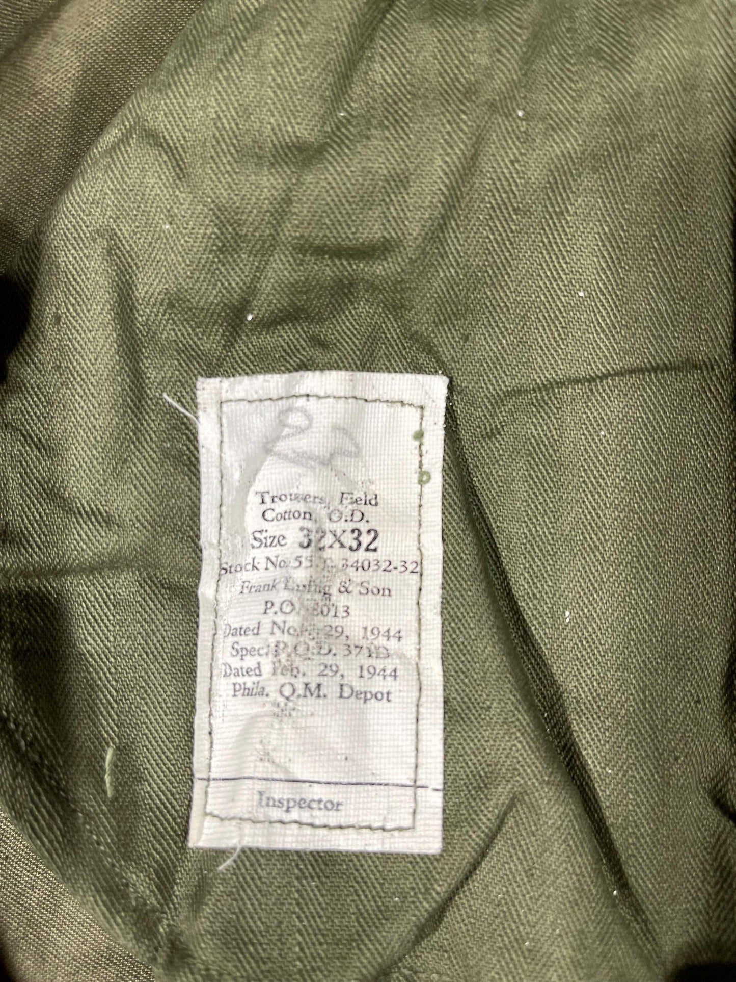 Genuine US Military Vintage M43 O.D. Green Field Cotton Trousers WWII Dtd Feb,29,1944 Unused Mint Condition, With Suspenders.