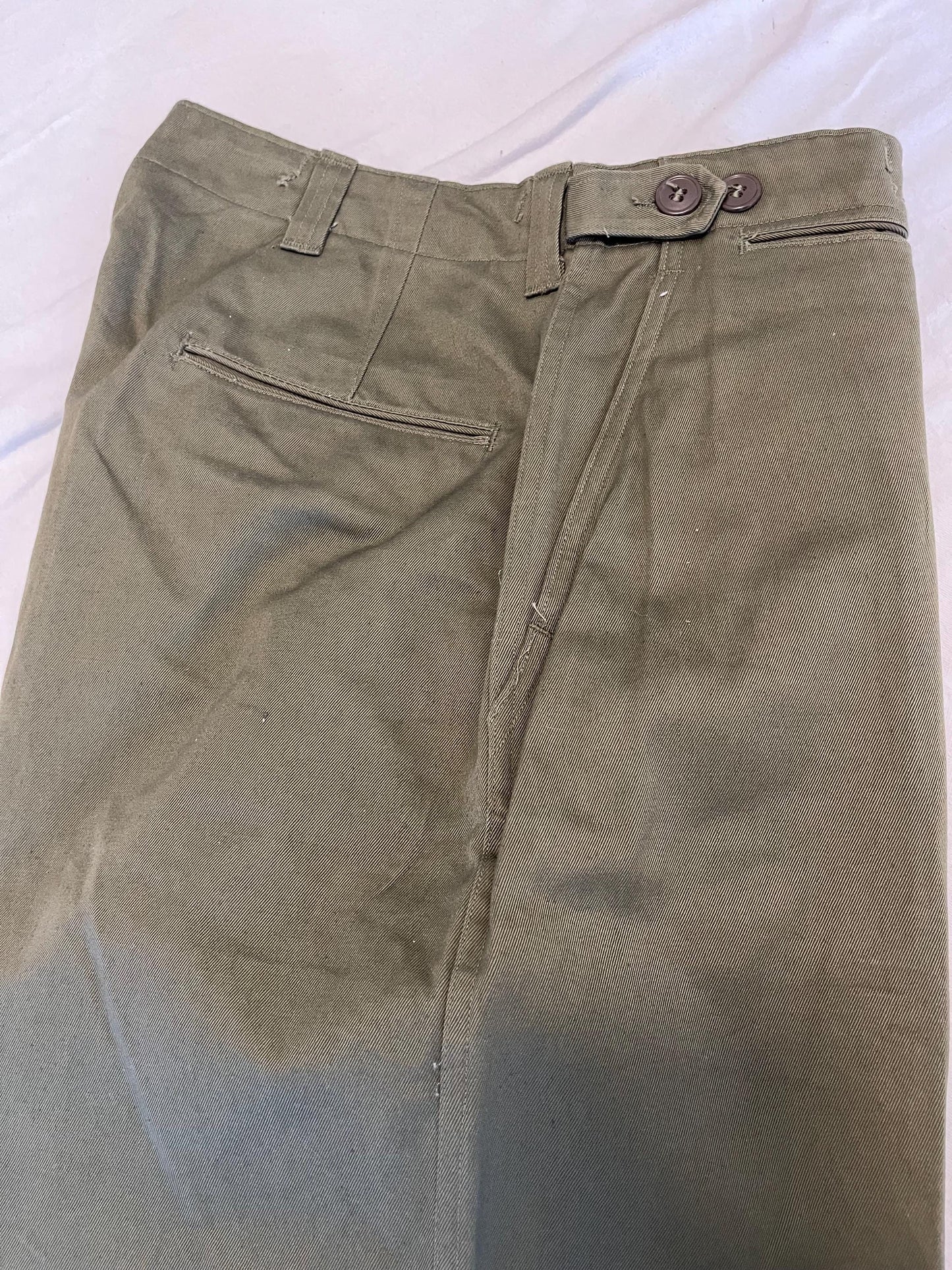 Genuine US Military Vintage M43 O.D. Green Field Cotton Trousers WWII Dtd Feb,29,1944 Unused Mint Condition, With Suspenders.