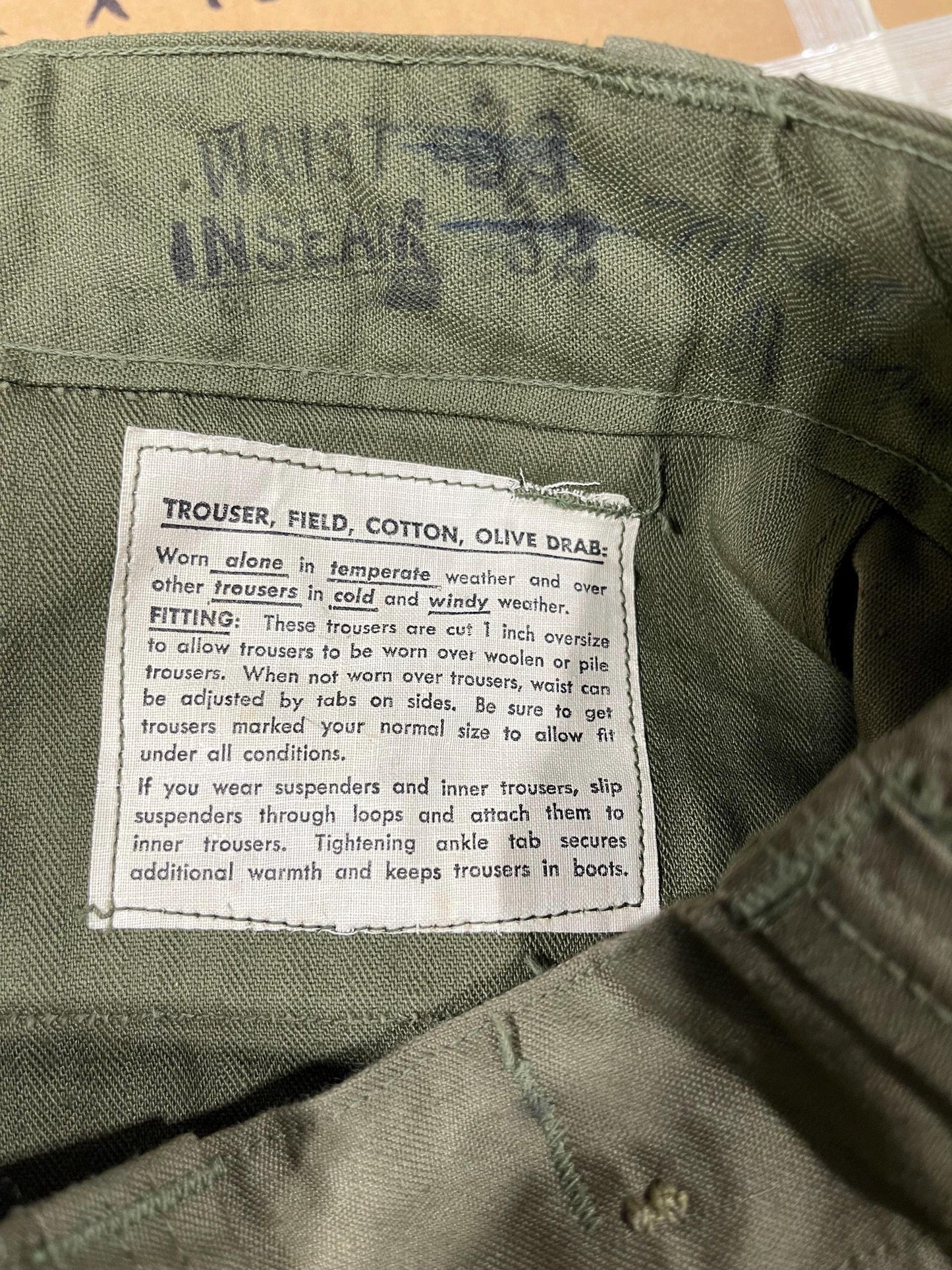 Genuine US Military Vintage M43 O.D. Green Field Cotton Trousers WWII Dtd Feb,29,1944 Unused Mint Condition, With Suspenders.