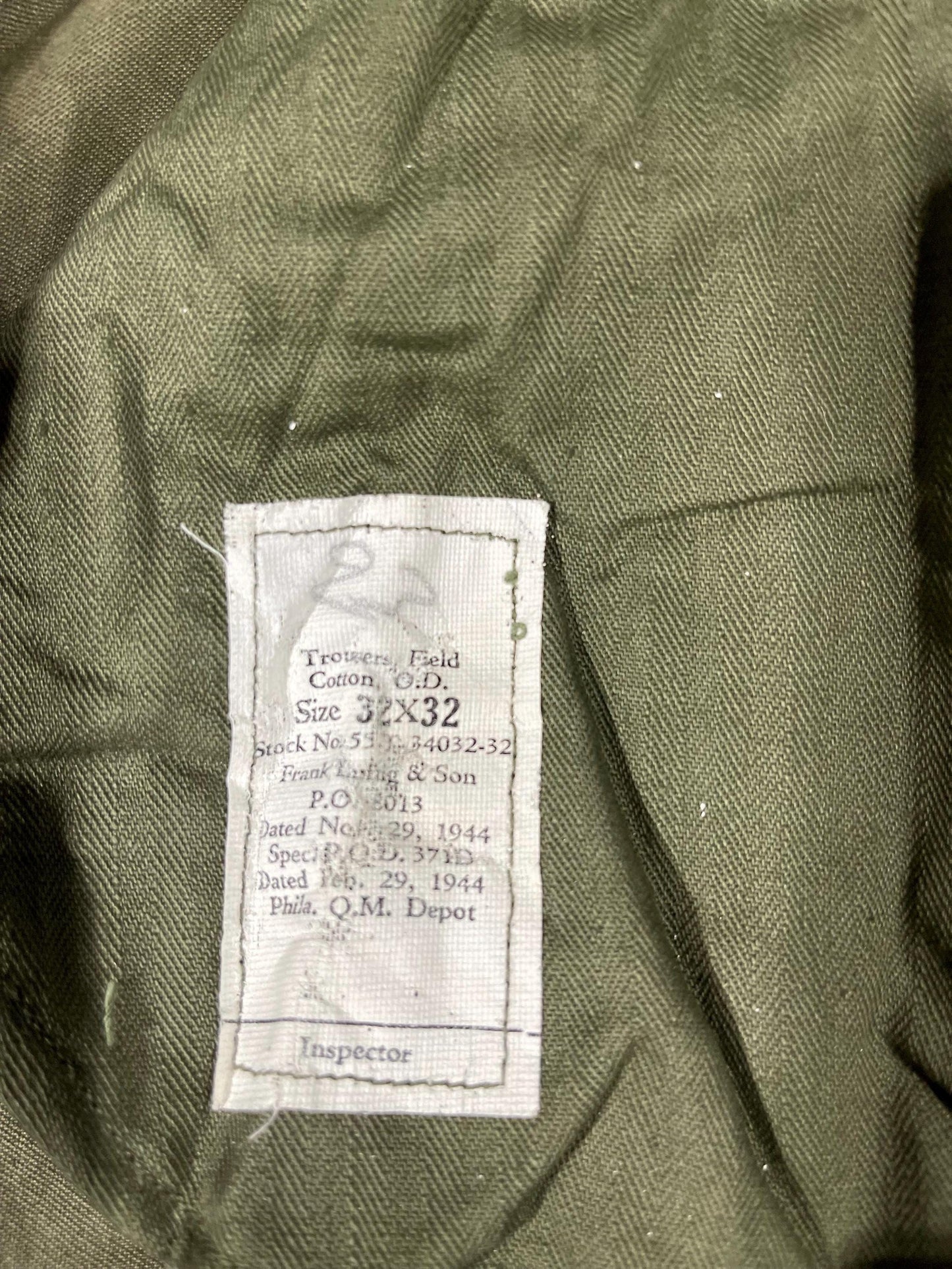 Genuine US Military Vintage M43 O.D. Green Field Cotton Trousers WWII Dtd Feb,29,1944 Unused Mint Condition, With Suspenders.