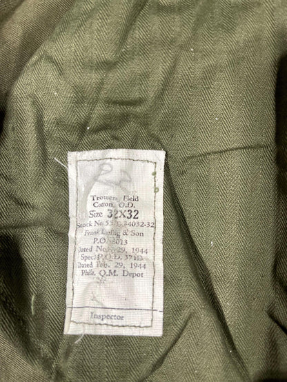 Genuine US Military Vintage M43 O.D. Green Field Cotton Trousers WWII Dtd Feb,29,1944 Unused Mint Condition, With Suspenders.