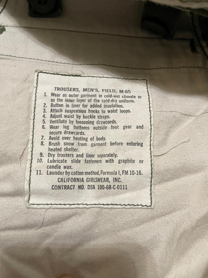 Genuine US military Vintage Vietnam era M65 Field Pants OD green From 1960’s Medium Regular with Silver zipper. Used Excellent, Small Reg.