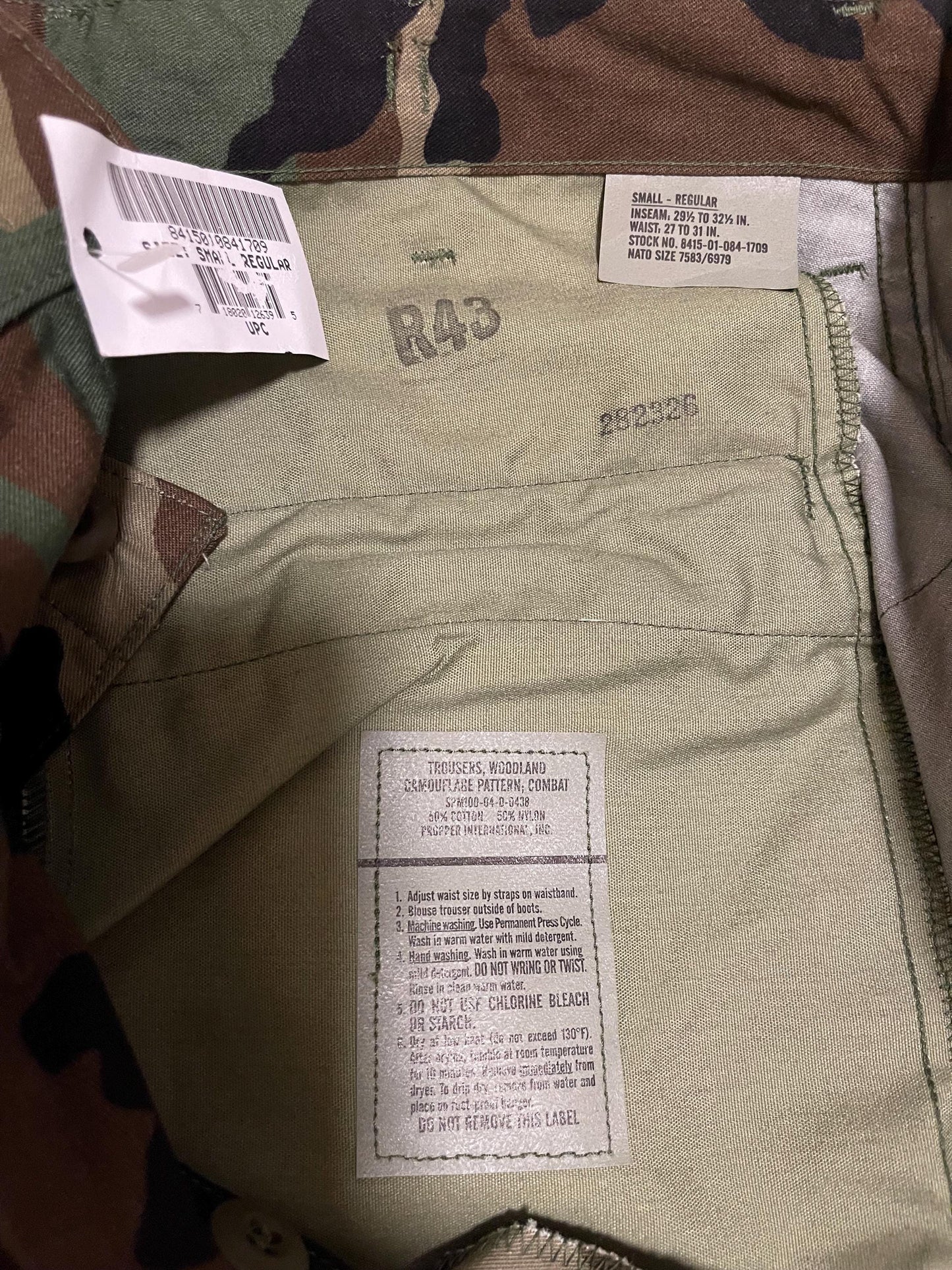 Genuine US military woodland camouflage nylon/Cotton 50/50 nyco pants Small Regular New.