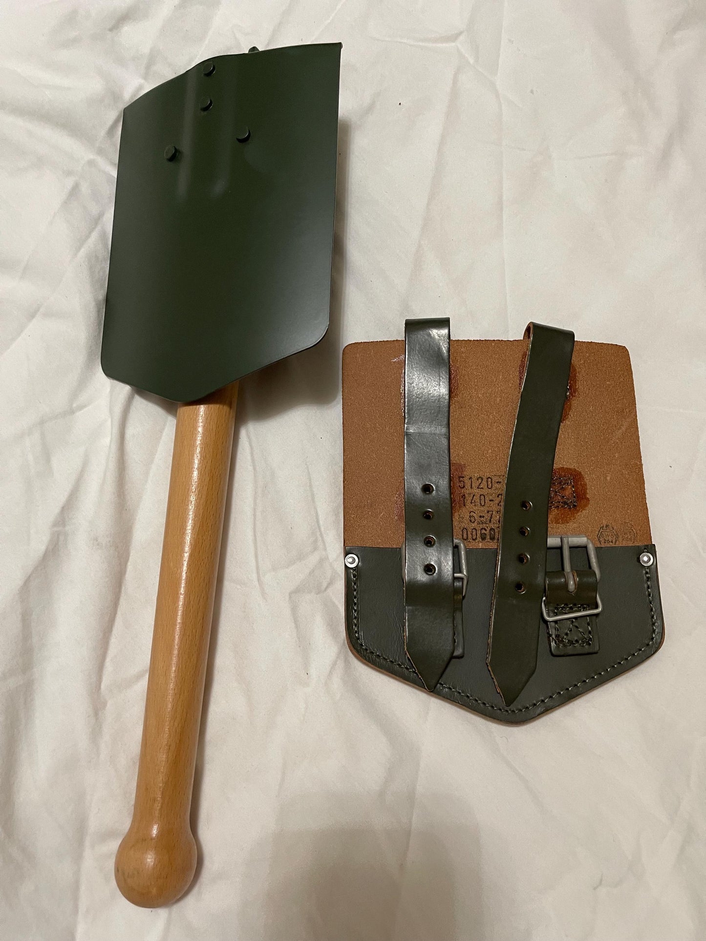NOS 1967 west German army military entrenching tool leather cover post War PAUSC and Miltec Repro Shovel with Pick New ,Mint.