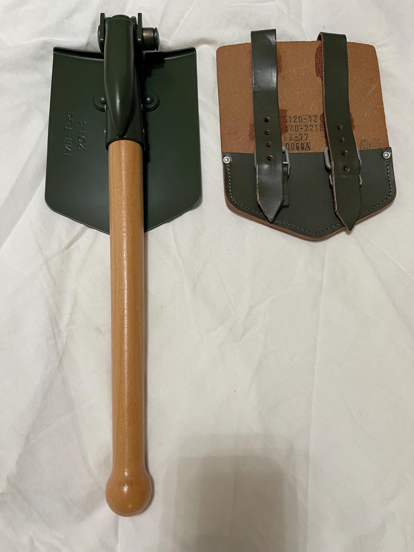 NOS 1967 west German army military entrenching tool leather cover post War PAUSC and Miltec Repro Shovel with Pick New ,Mint.