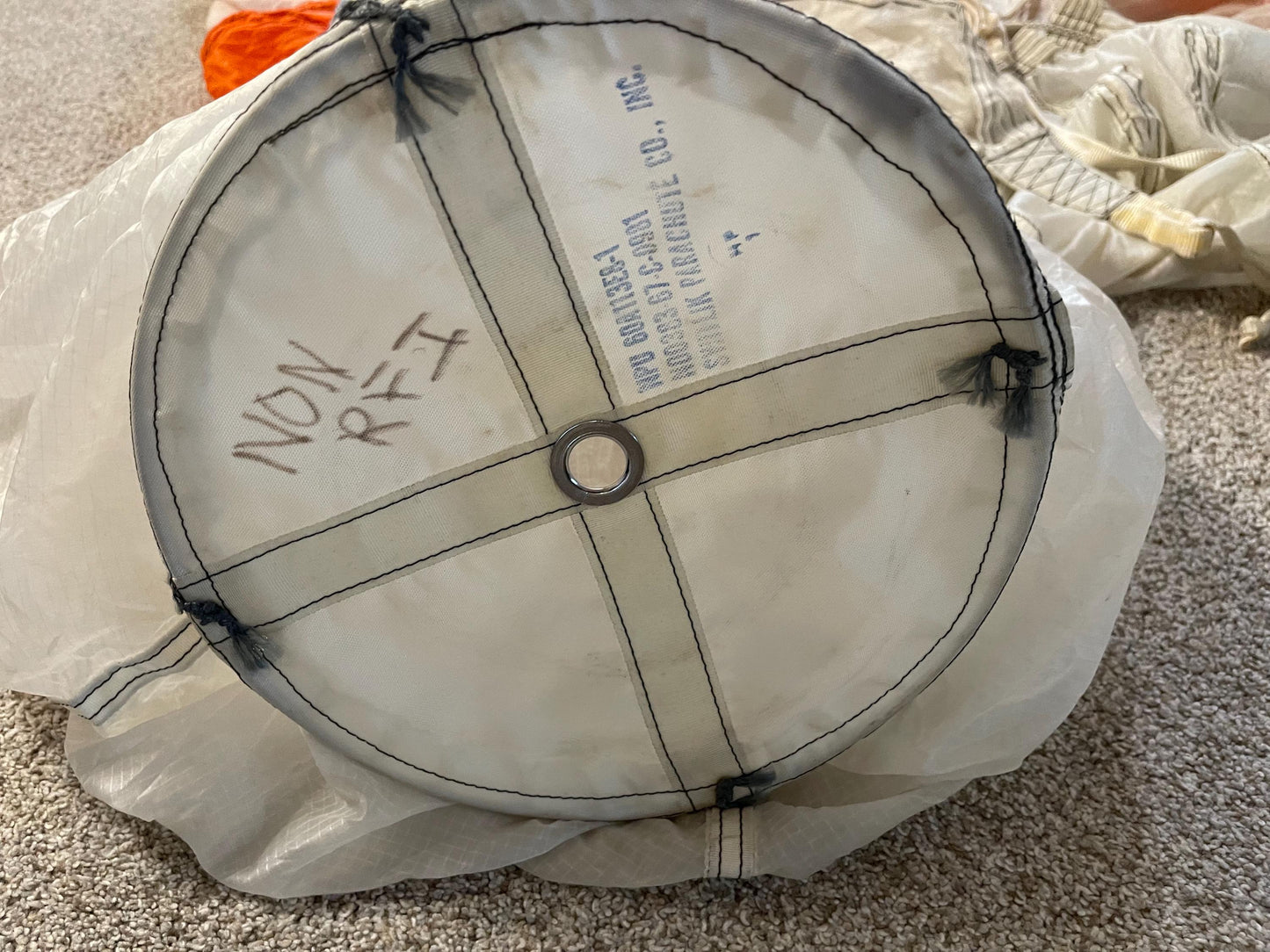 US military 28 ft. Round Orange and white Nylon Parachute with harness , lines and small white chute,