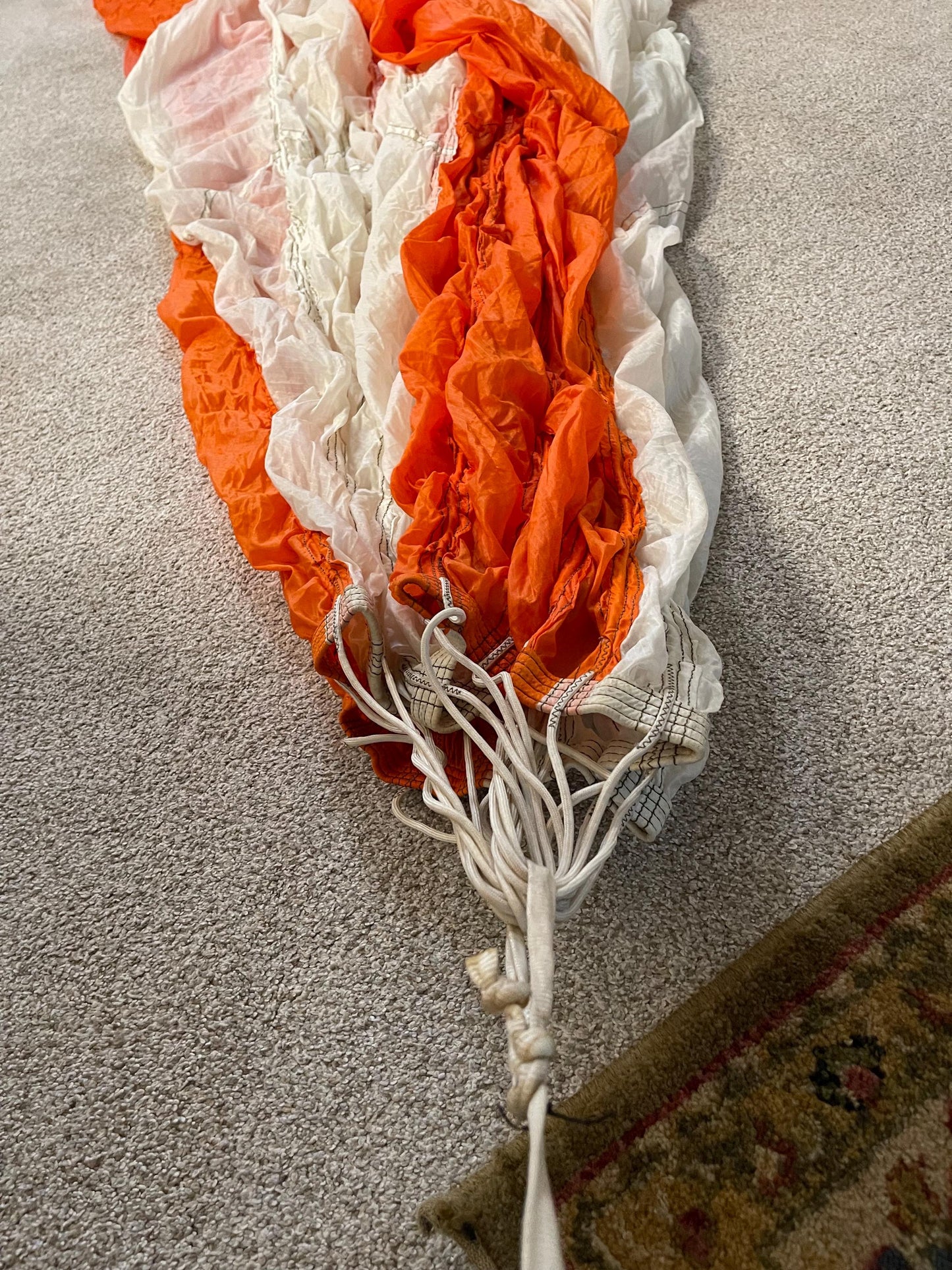 US military 28 ft. Round Orange and white Nylon Parachute with harness , lines and small white chute,