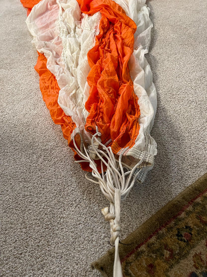 US military 28 ft. Round Orange and white Nylon Parachute with harness , lines and small white chute,